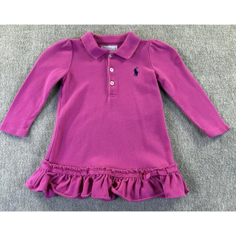 Ralph Lauren Baby Girl Long Sleeve Ruffle Polo Dress Magenta Pink Size 9M